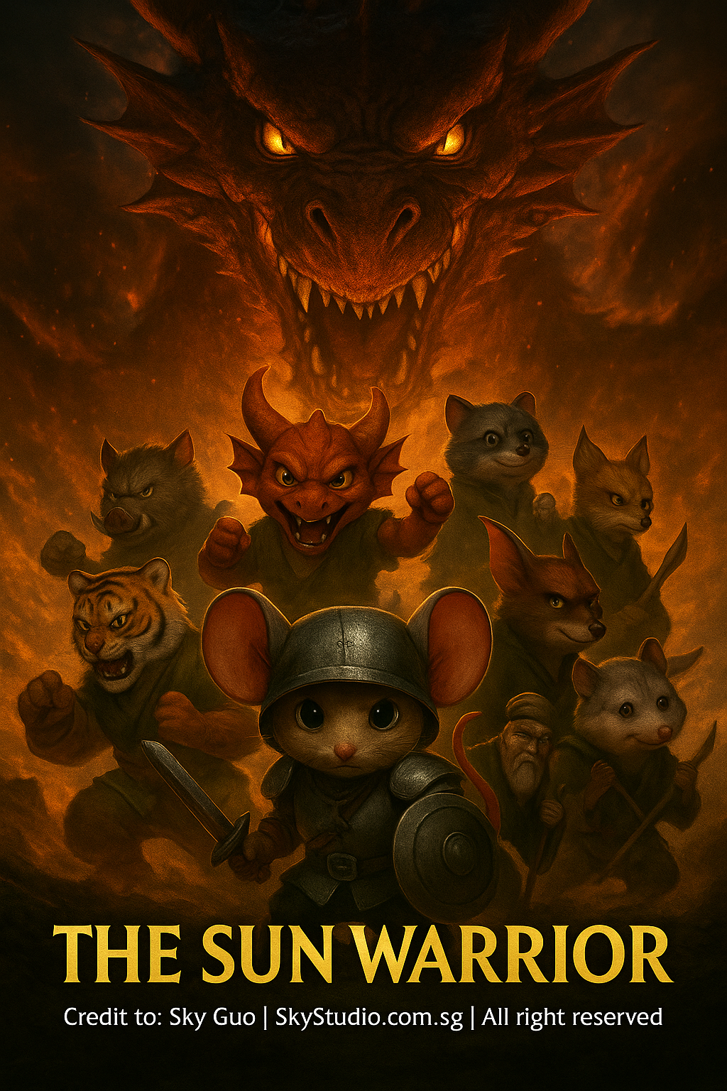 The Sun Warrior anime poster featuring seven elemental heroes and a Fire Dragon – Sky Studio